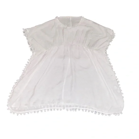 ✨NEW✨ Pom Pom Boho White Beach Swimsuit Side Slits CoverUp Top - OS - Picture 5 of 10